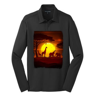 African Safari Animals Sunset Scene Silk Touch Performance Long Sleeve Polo