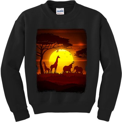 African Safari Animals Sunset Scene Kids Sweatshirt