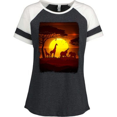 African Safari Animals Sunset Scene Enza Ladies Jersey Colorblock Tee