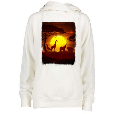 African Safari Animals Sunset Scene Womens Funnel Neck Pullover Hood