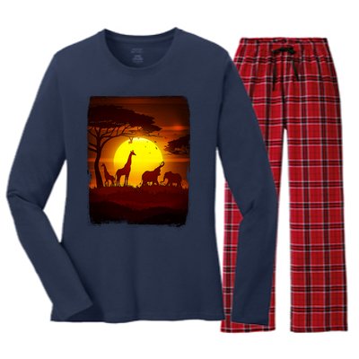 African Safari Animals Sunset Scene Women's Long Sleeve Flannel Pajama Set 