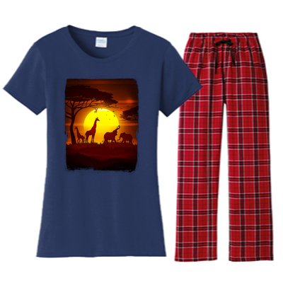 African Safari Animals Sunset Scene Women's Flannel Pajama Set