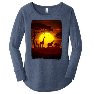 African Safari Animals Sunset Scene Women's Perfect Tri Tunic Long Sleeve Shirt