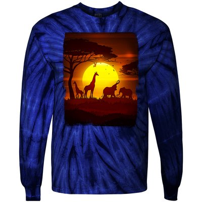 African Safari Animals Sunset Scene Tie-Dye Long Sleeve Shirt