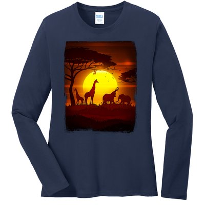 African Safari Animals Sunset Scene Ladies Long Sleeve Shirt