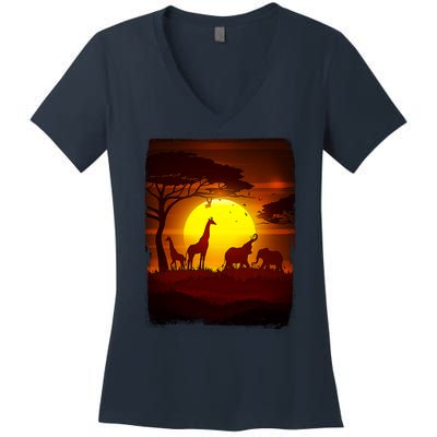 African Safari Animals Sunset Scene Women's V-Neck T-Shirt