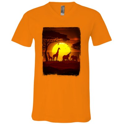 African Safari Animals Sunset Scene V-Neck T-Shirt