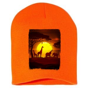 African Safari Animals Sunset Scene Short Acrylic Beanie