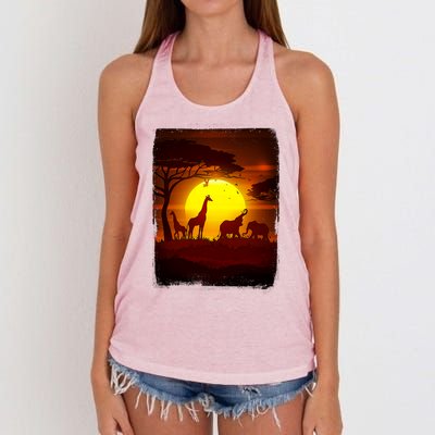 African Safari Animals Sunset Scene Women's Knotted Racerback Tank