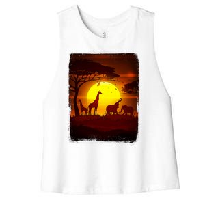 African Safari Animals Sunset Scene Women's Racerback Cropped Tank