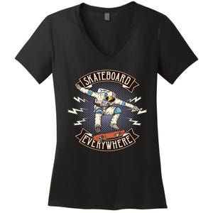 Astronaut Skateboarding Women's V-Neck T-Shirt