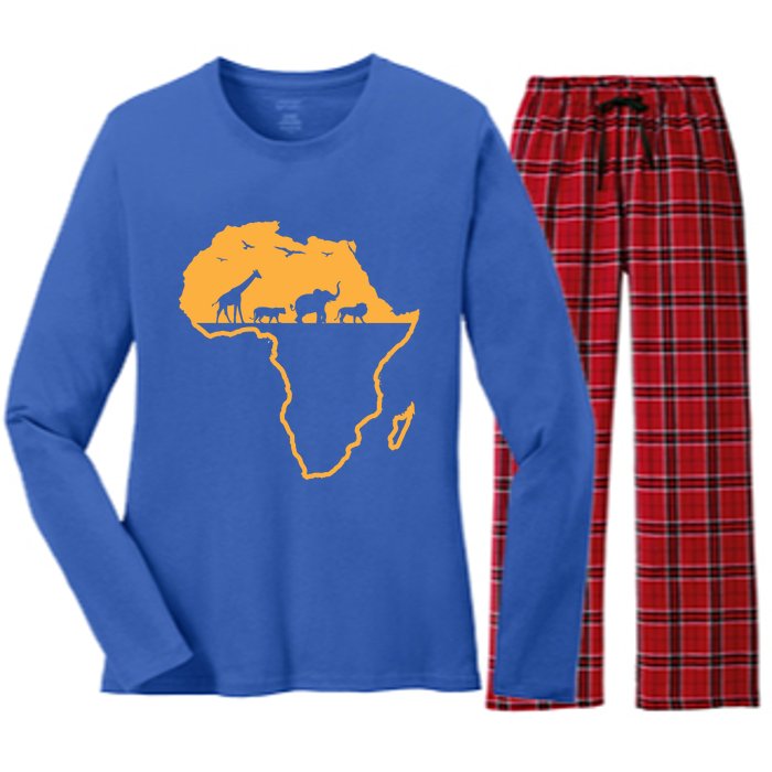 African Safari African Continent Map Wild Animals Lover Gift Cute Gift Women's Long Sleeve Flannel Pajama Set 