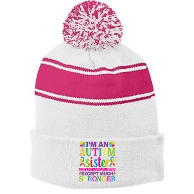 Autism Sister Autism Awareness Autism Ribbon Puzzle Pieces Colorful Typography Stripe Pom Pom Beanie