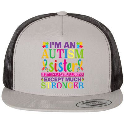 Autism Sister Autism Awareness Autism Ribbon Puzzle Pieces Colorful Typography Flat Bill Trucker Hat