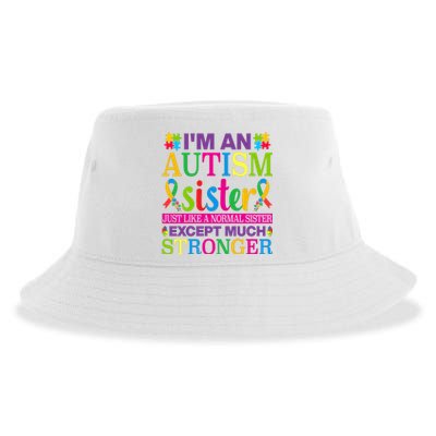 Autism Sister Autism Awareness Autism Ribbon Puzzle Pieces Colorful Typography Sustainable Bucket Hat