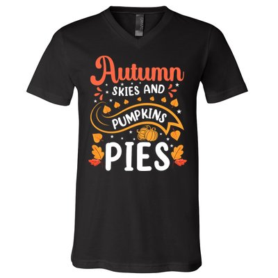 Autumn Skies And Pumpkin Pies Seasonal Graphic V-Neck T-Shirt