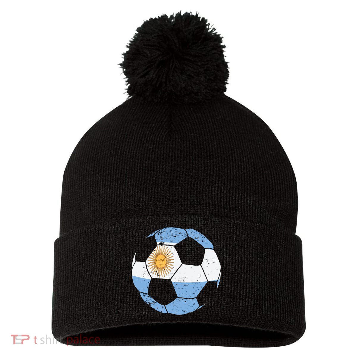 Argentina Soccer Ball Flag Jersey Argentinian Football Pom Pom 12in Knit Beanie