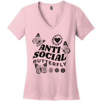 Anti Social Butterfly Retro Women's V-Neck T-Shirt