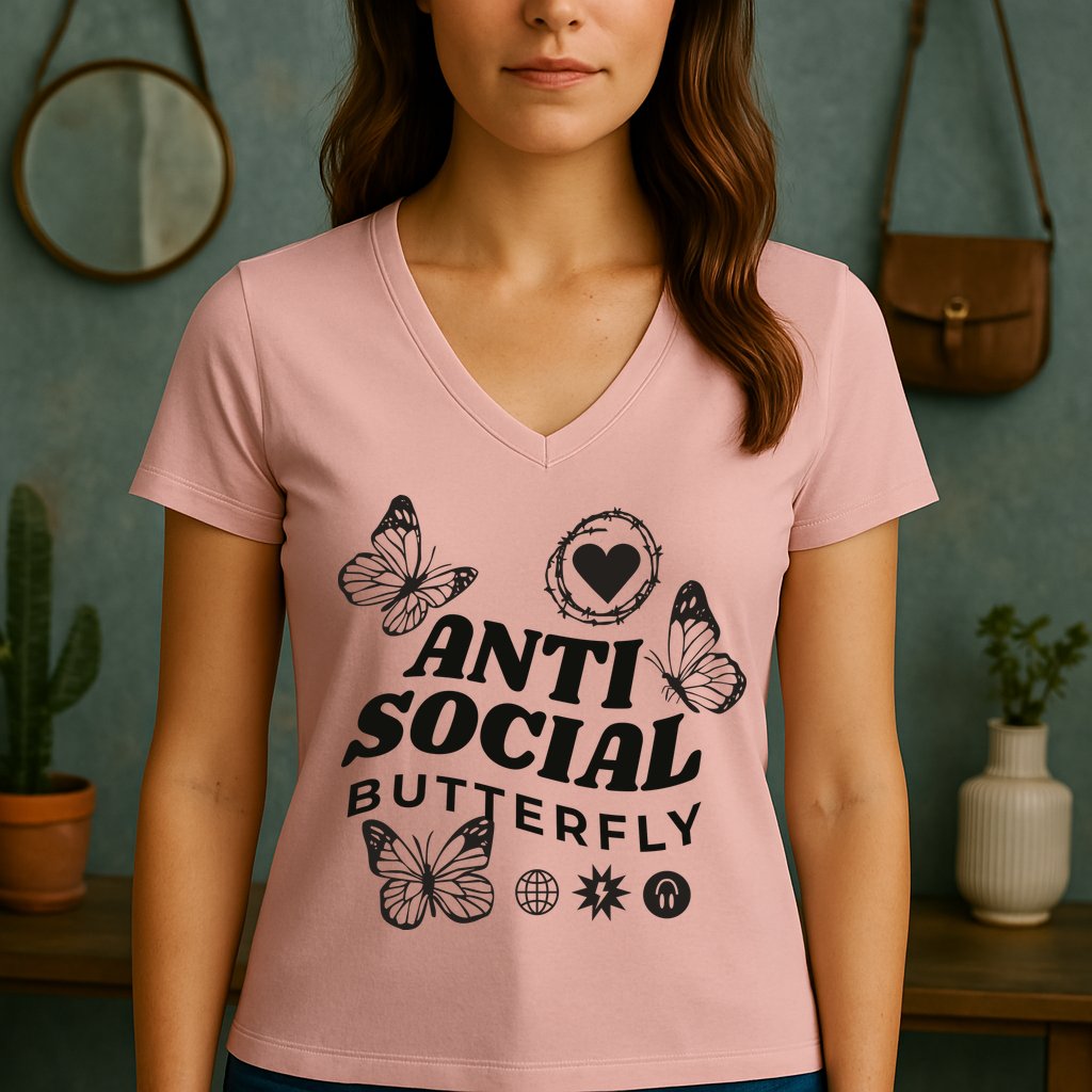 Anti Social Butterfly Retro Women's V-Neck T-Shirt