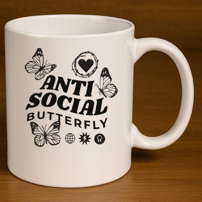 Anti Social Butterfly Retro 11oz C Handle Ceramic Mug