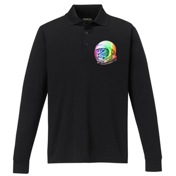 Astronaut Space Cat (Digital Rainbow Version) Performance Long Sleeve Polo