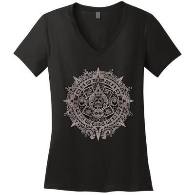 Aztec Sun Calendar Aztec Sun Stone Mayan Sun Symbol Women's V-Neck T-Shirt