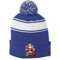 American Santa Claus Holding Leopard Present Xmas Meaningful Gift Stripe Pom Pom Beanie