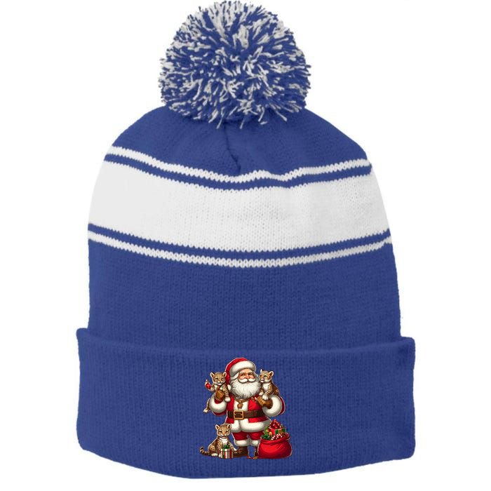 American Santa Claus Holding Leopard Present Xmas Meaningful Gift Stripe Pom Pom Beanie