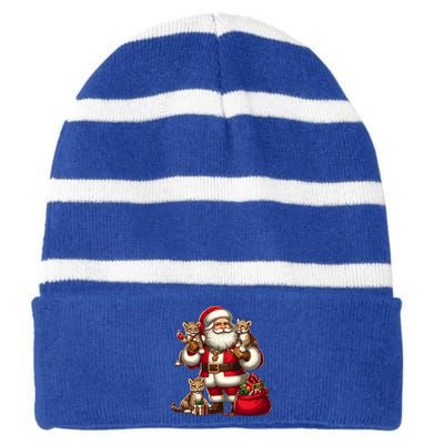 American Santa Claus Holding Leopard Present Xmas Meaningful Gift Striped Beanie with Solid Band