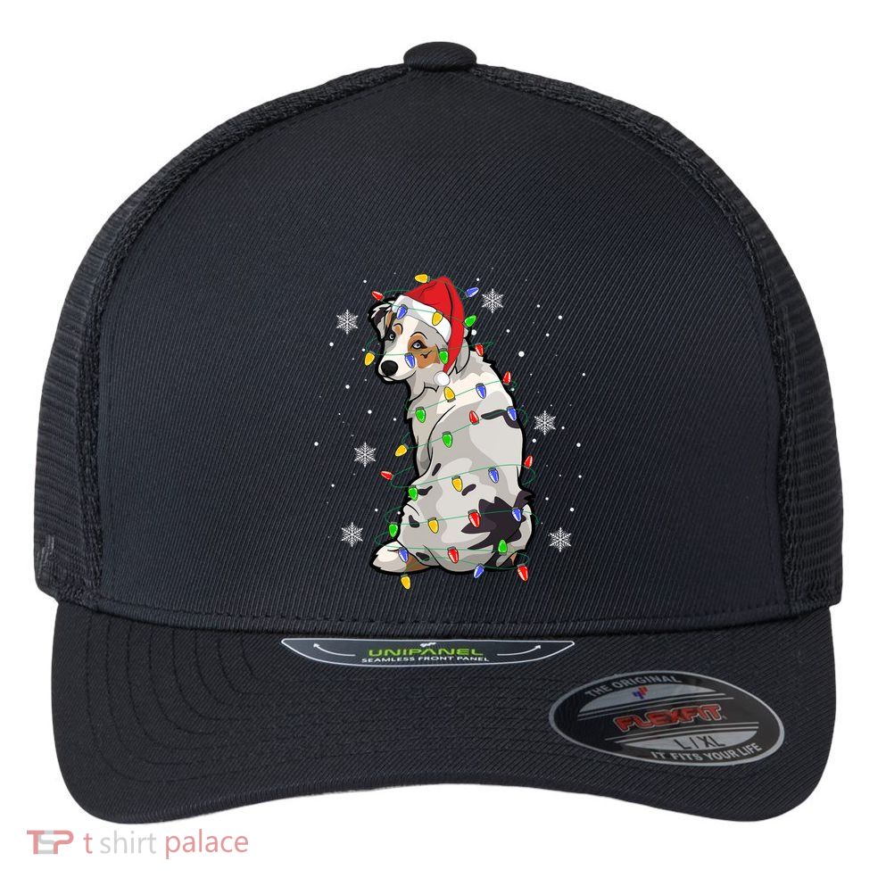 Australian Shepherd Christmas Dog Xmas Lights Tree Great Gift Flexfit Unipanel Trucker Cap