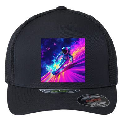 Astronaut Surfing Cosmic Rainbow Wave Graphic Design Art Flexfit Unipanel Trucker Cap