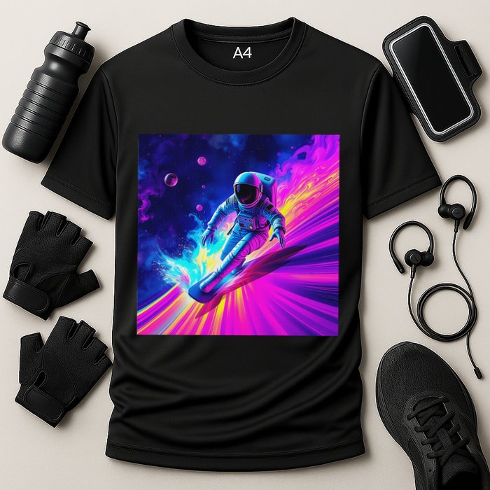 Astronaut Surfing Cosmic Rainbow Wave Graphic Design Art Cooling Performance Crew T-Shirt