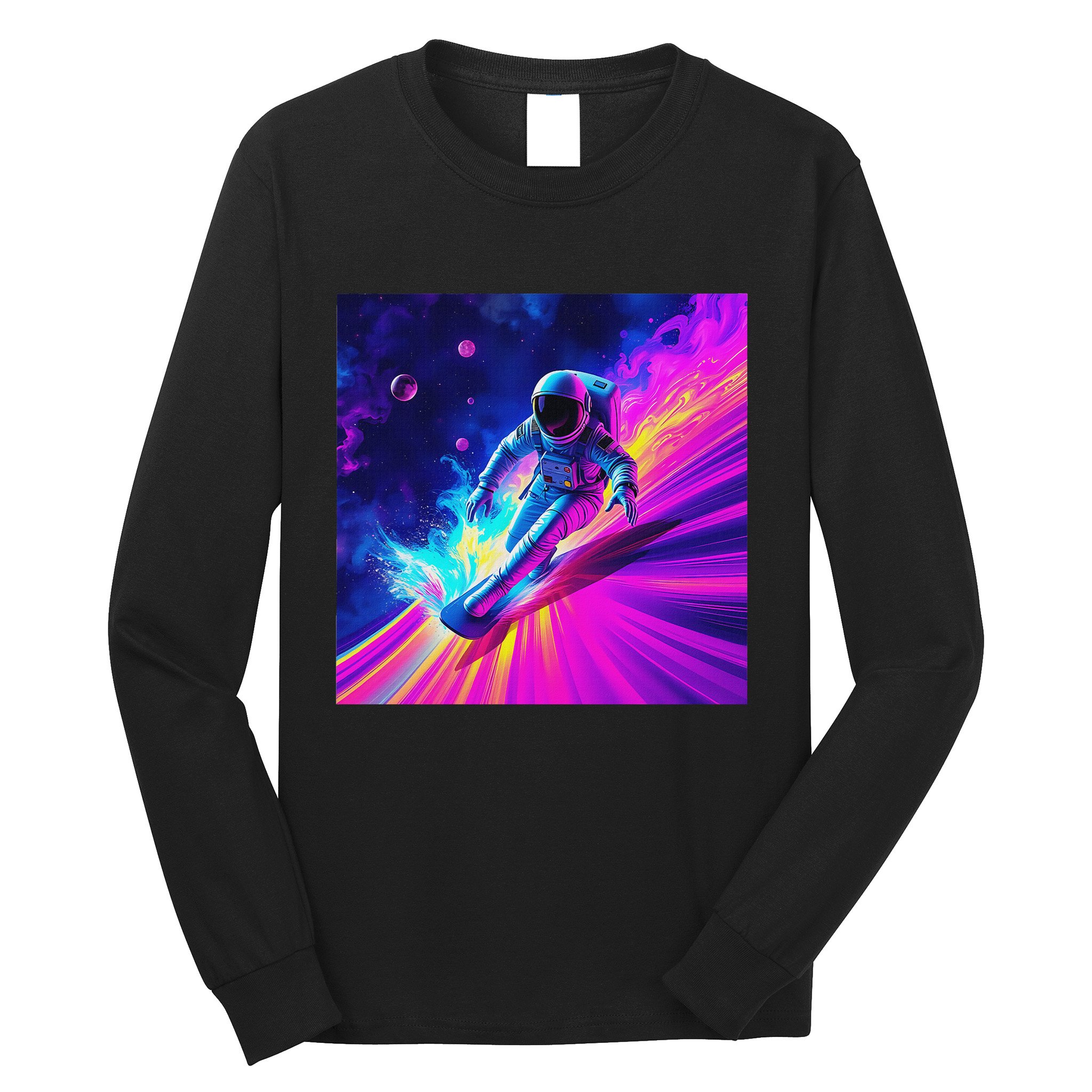 Astronaut Surfing Cosmic Rainbow Wave Graphic Design Art Long Sleeve Shirt