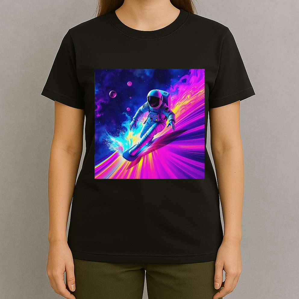 Astronaut Surfing Cosmic Rainbow Wave Graphic Design Art T-Shirt