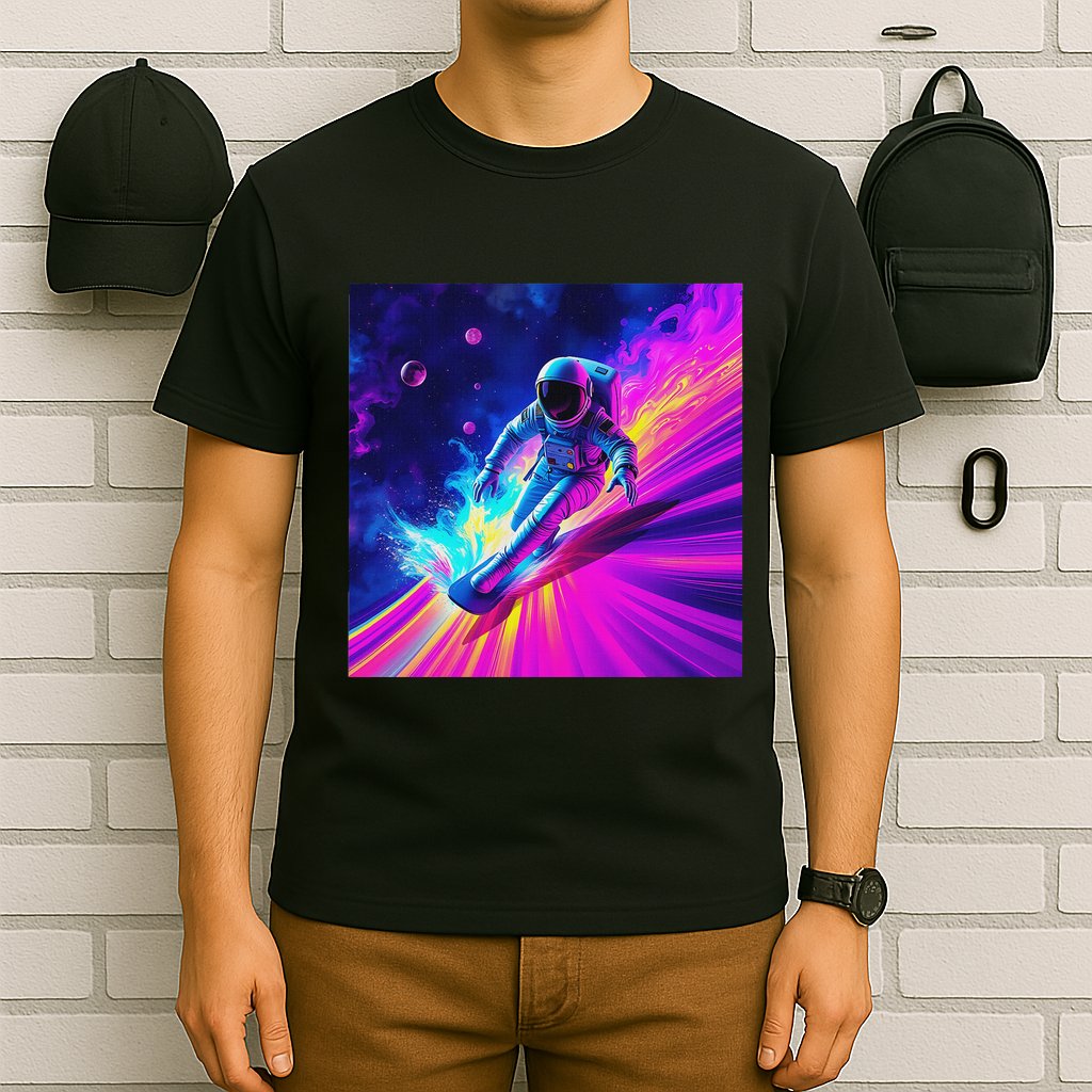 Astronaut Surfing Cosmic Rainbow Wave Graphic Design Art T-Shirt
