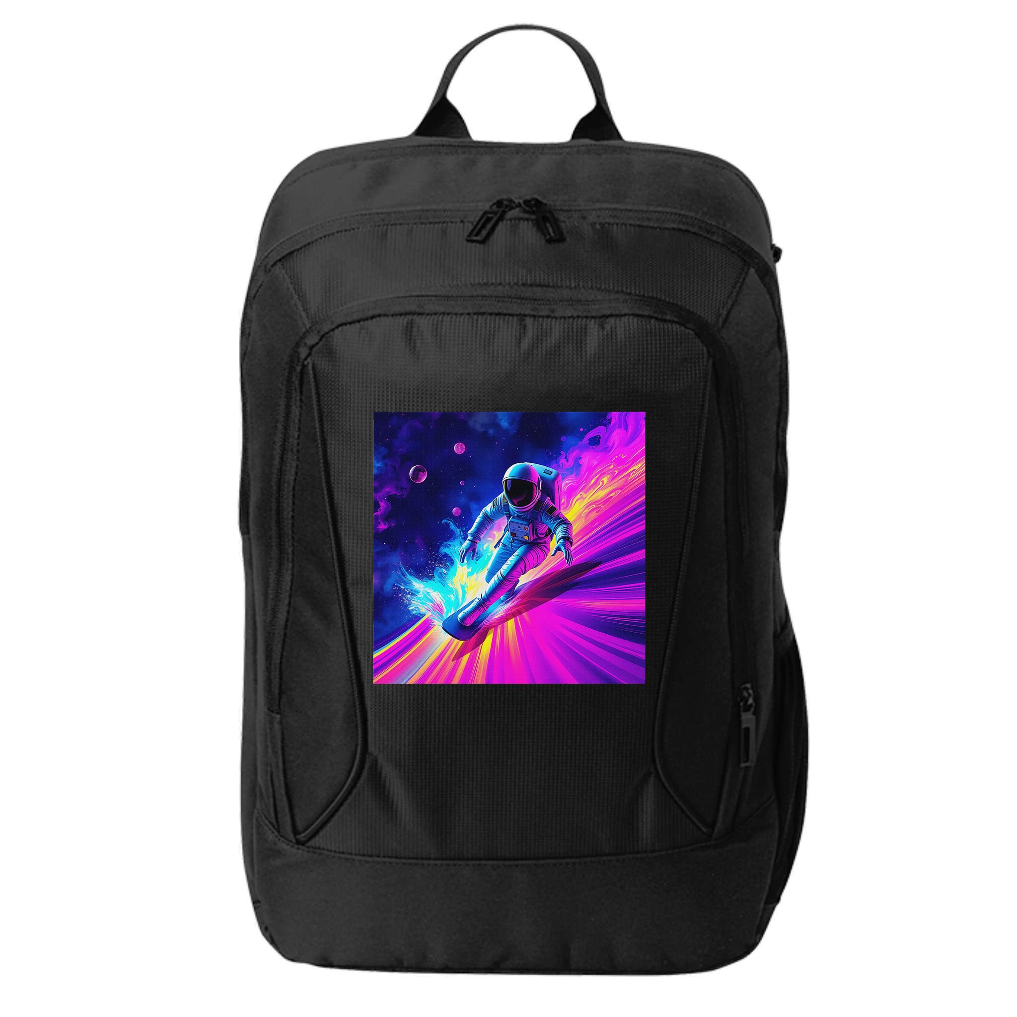 Astronaut Surfing Cosmic Rainbow Wave Graphic Design Art City Backpack