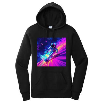 Astronaut Surfing Cosmic Rainbow Wave Graphic Design Art Women's Pullover Hoodie