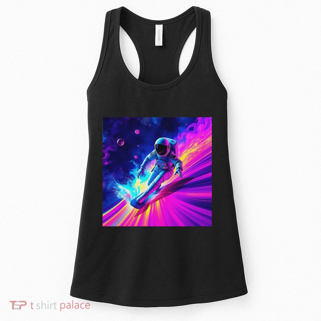 Astronaut Surfing Cosmic Rainbow Wave Graphic Design Art Womens Tank Top