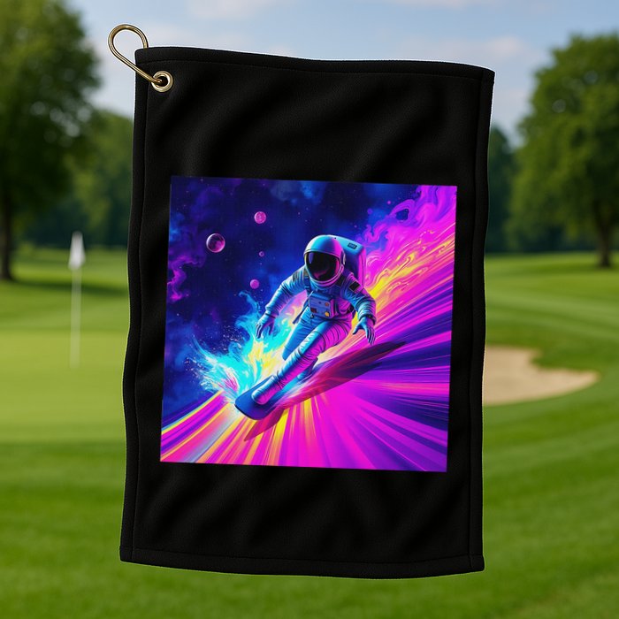 Astronaut Surfing Cosmic Rainbow Wave Graphic Design Art Golf Towel