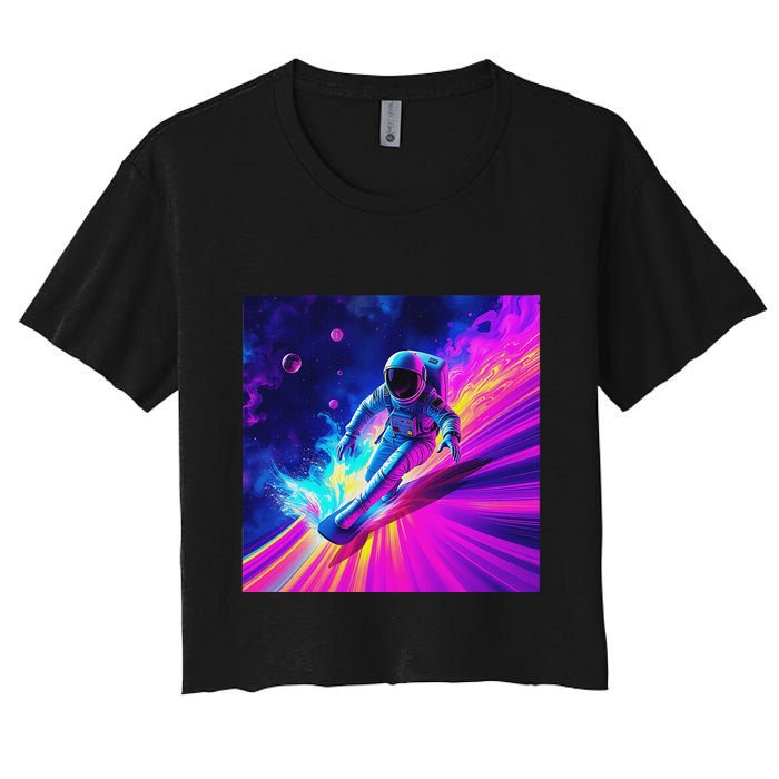 Astronaut Surfing Cosmic Rainbow Wave Graphic Design Art Women's Crop Top Tee