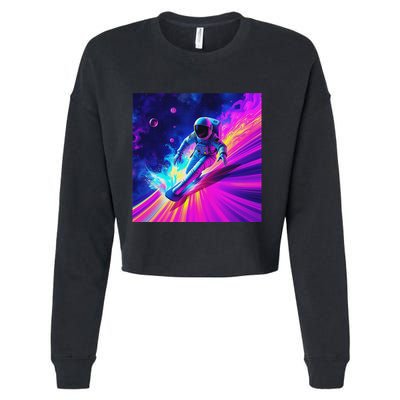 Astronaut Surfing Cosmic Rainbow Wave Graphic Design Art Cropped Pullover Crew