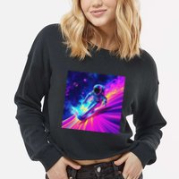 Astronaut Surfing Cosmic Rainbow Wave Graphic Design Art Cropped Pullover Crew