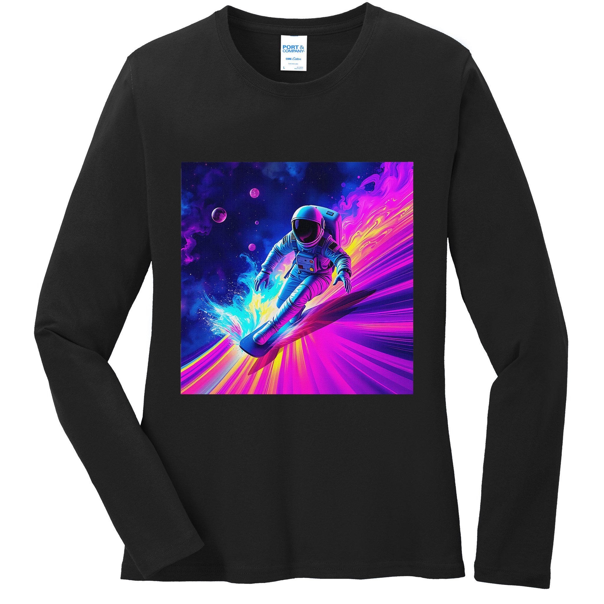 Astronaut Surfing Cosmic Rainbow Wave Graphic Design Art Ladies Long Sleeve Shirt