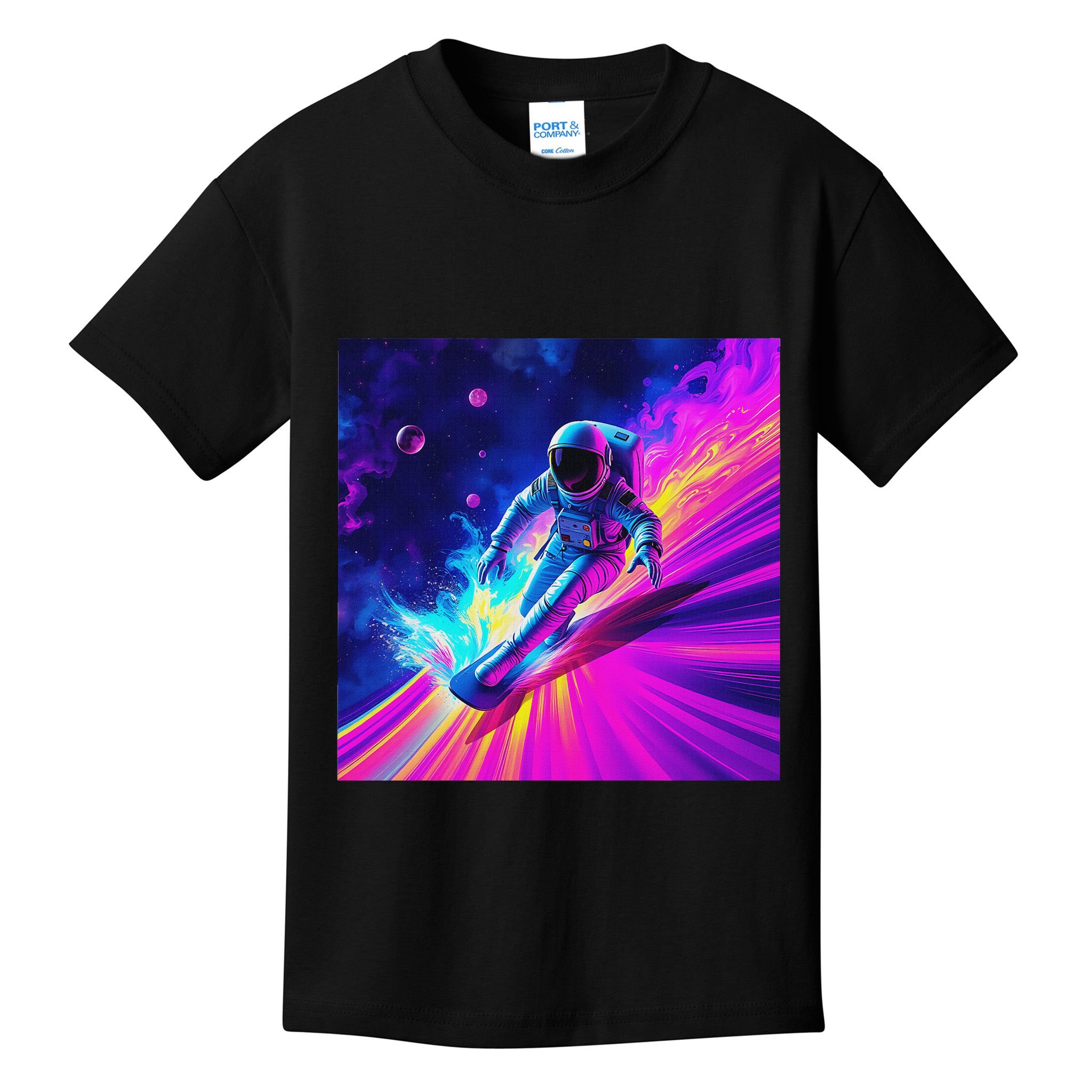 Astronaut Surfing Cosmic Rainbow Wave Graphic Design Art Kids T-Shirt