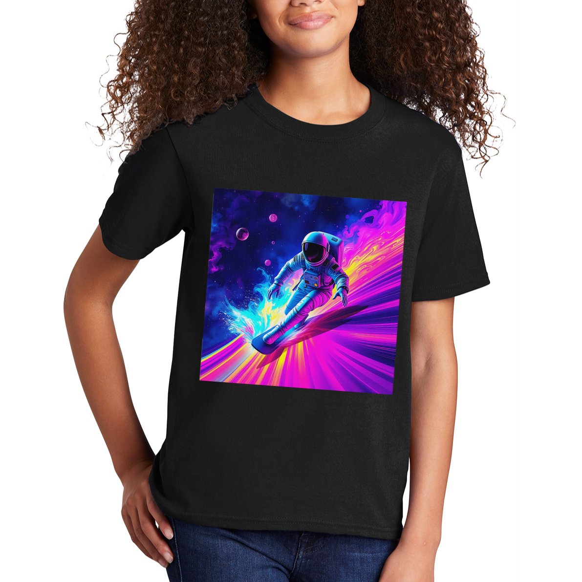 Astronaut Surfing Cosmic Rainbow Wave Graphic Design Art Kids T-Shirt