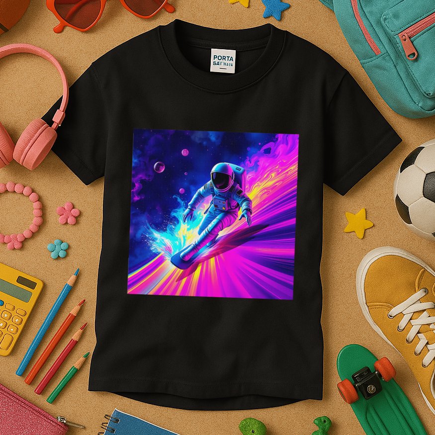 Astronaut Surfing Cosmic Rainbow Wave Graphic Design Art Kids T-Shirt