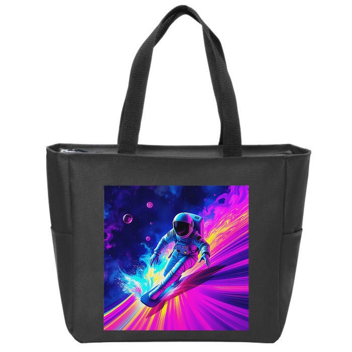 Astronaut Surfing Cosmic Rainbow Wave Graphic Design Art Zip Tote Bag