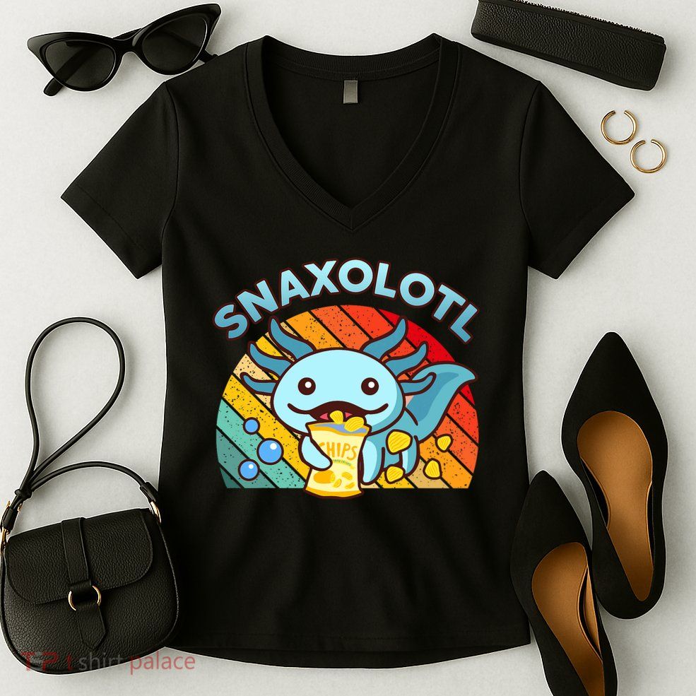 Axolotl- Snaxolotl Cute Axolotl Snacks Funny Food  Women's V-Neck T-Shirt