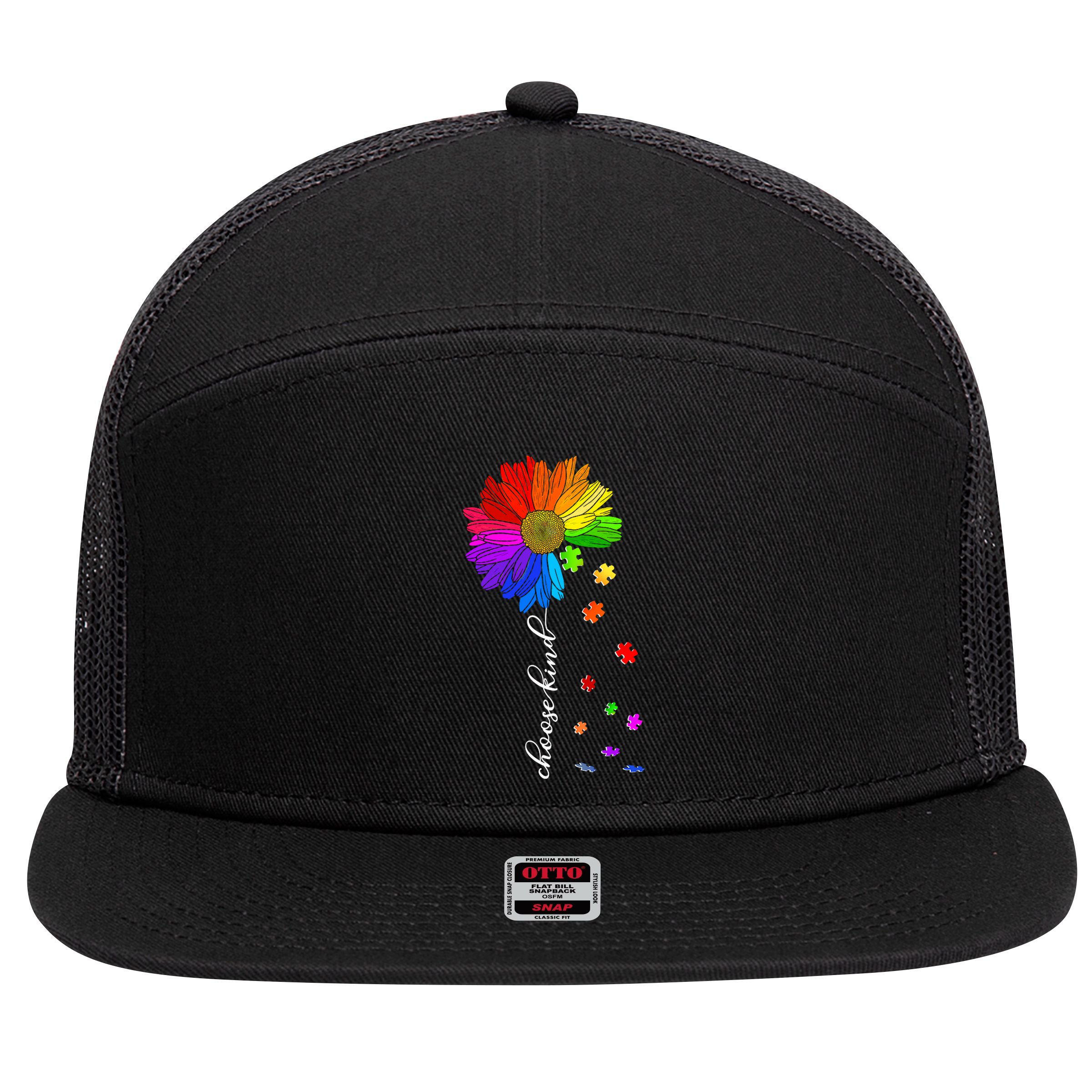 Autism Sunflower Choose Kind 7 Panel Mesh Trucker Snapback Hat