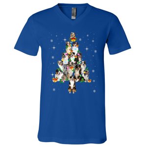 Australian Shepherd Christmas Tree Lights Xmas Pajama Dog Cool Gift V-Neck T-Shirt